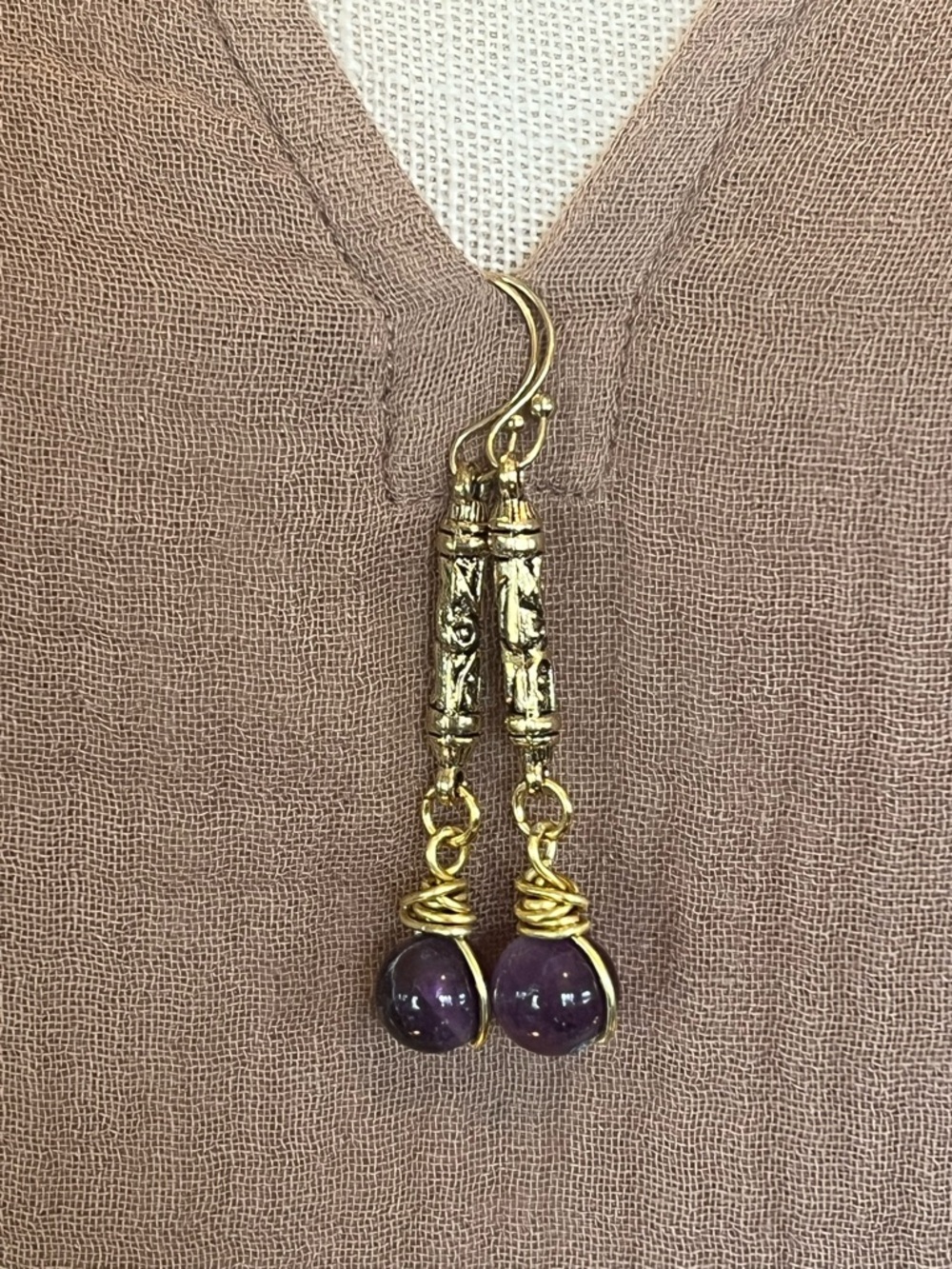 Gold-Tone Earrings with Amethyst Bead Drops